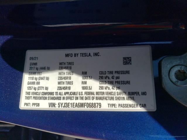 Photo 10 from auction – 2021 TESLA MODEL 3 with VIN 5YJ3E1EA6MF068879