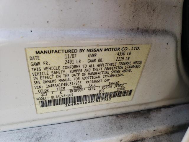 Photo 10 from auction – 2008 NISSAN MAXIMA SE with VIN 1N4BA41E48C817933