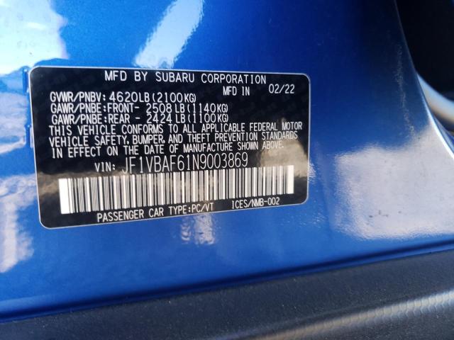 Photo 10 from auction – 2022 SUBARU WRX PREMIU with VIN JF1VBAF61N9003869