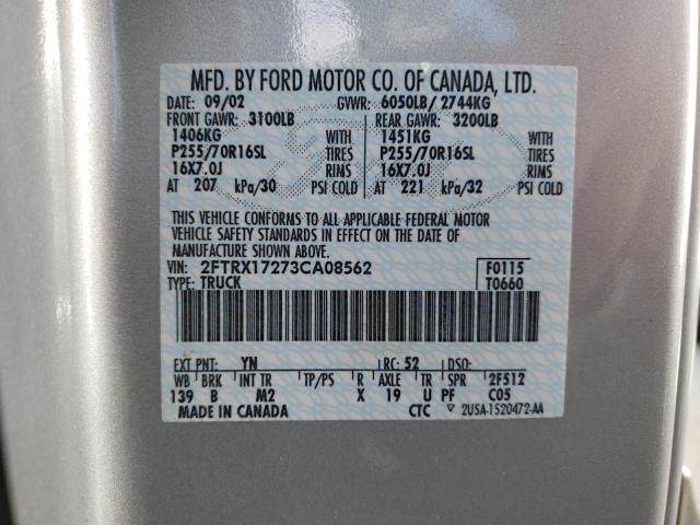 Photo 10 from auction – 2003 FORD F150 with VIN 2FTRX17273CA08562