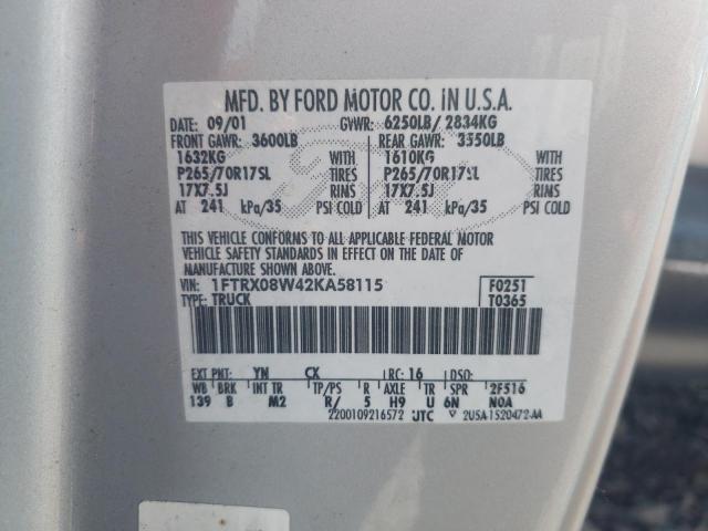 Photo 10 from auction – 2002 FORD F150 with VIN 1FTRX08W42KA58115