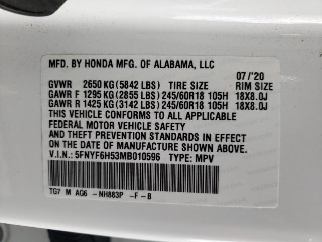Photo 10 from auction – 2021 HONDA PILOT EXL with VIN 5FNYF6H53MB010596