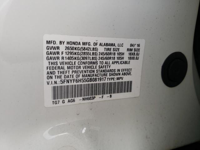 Photo 10 from auction – 2016 HONDA PILOT EXL with VIN 5FNYF6H55GB081917