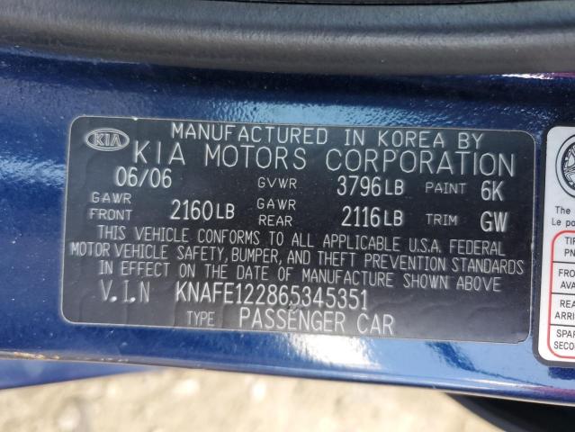 Photo 10 from auction – 2006 KIA SPECTRA LX with VIN KNAFE122865345351