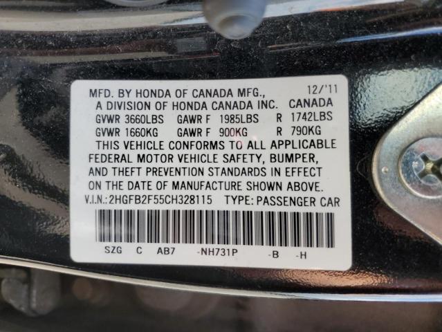 Photo 10 from auction – 2012 HONDA CIVIC LX with VIN 2HGFB2F55CH328115
