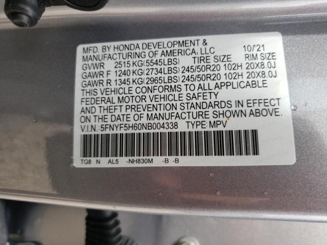 Photo 10 from auction – 2022 HONDA PILOT TOUR with VIN 5FNYF5H60NB004338