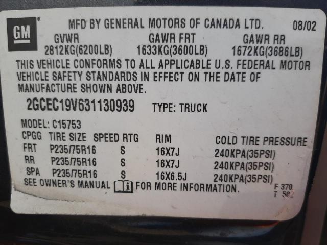 Photo 10 from auction – 2003 CHEVROLET SILVERADO with VIN 2GCEC19V631130939