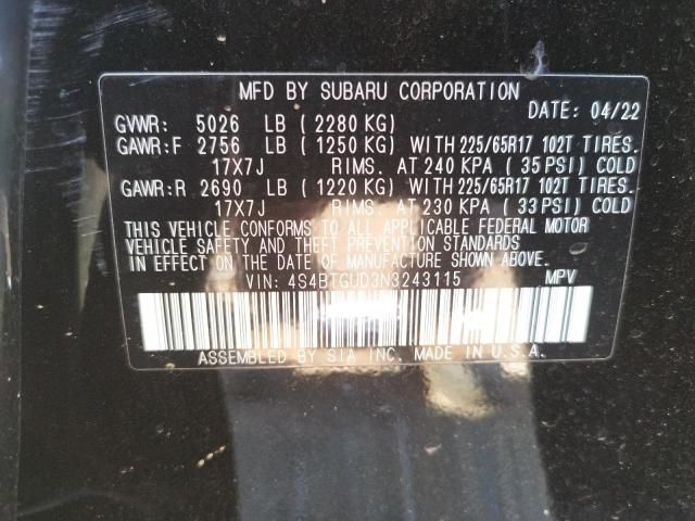Photo 10 from auction – 2022 SUBARU OUTBACK WI with VIN 4S4BTGUD3N3243115