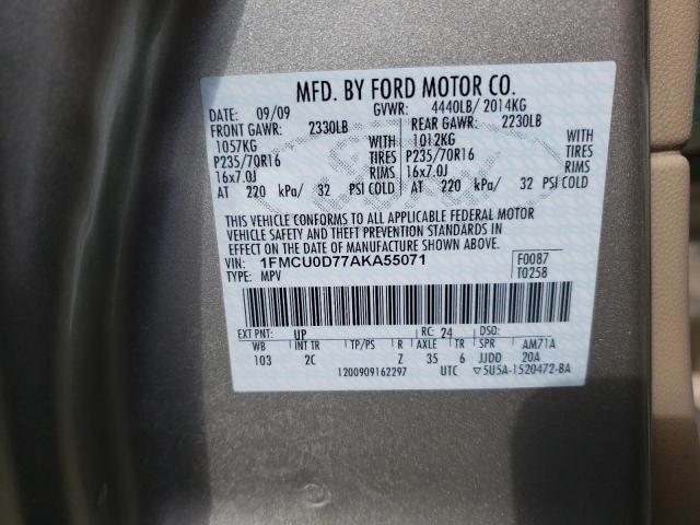 Photo 10 from auction – 2010 FORD ESCAPE XLT with VIN 1FMCU0D77AKA55071