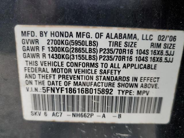 Photo 10 from auction – 2006 HONDA PILOT EX with VIN 5FNYF18616B015892