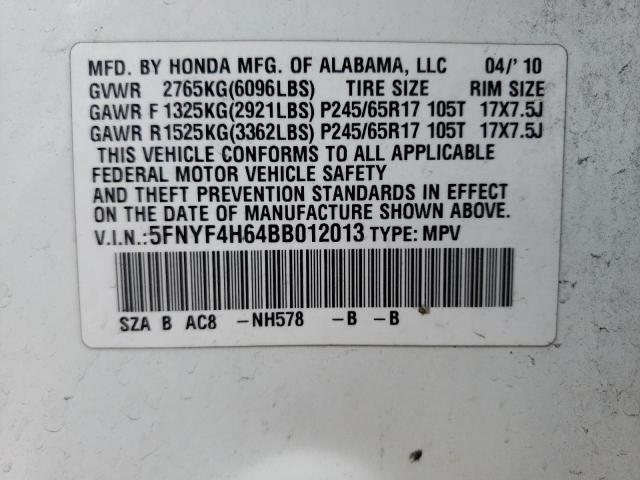 Photo 10 from auction – 2011 HONDA PILOT EXL with VIN 5FNYF4H64BB012013