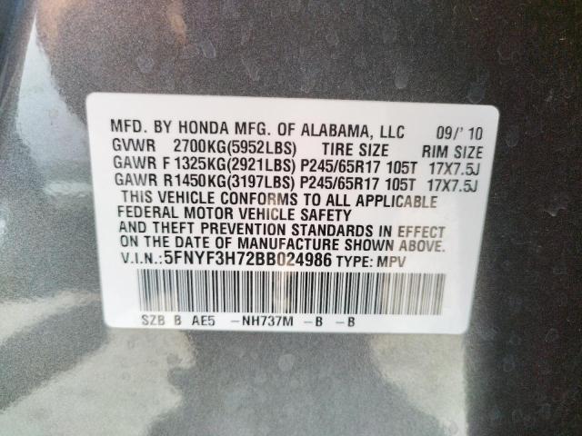 Photo 10 from auction – 2011 HONDA PILOT EXLN with VIN 5FNYF3H72BB024986