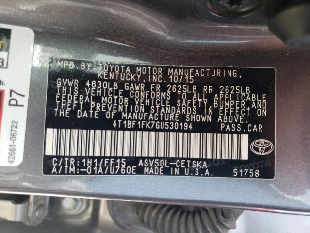 Photo 10 from auction – 2016 TOYOTA CAMRY LE with VIN 4T1BF1FK7GU530194