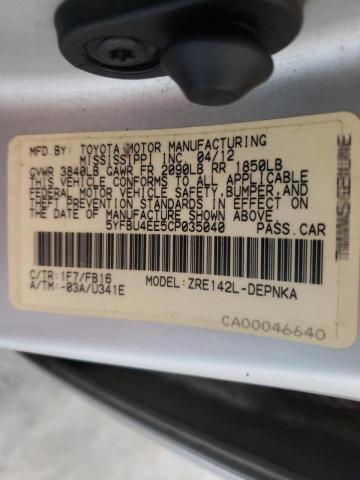 Foto 10 de la subasta – 2012 TOYOTA COROLLA BA con VIN 5YFBU4EE5CP035040