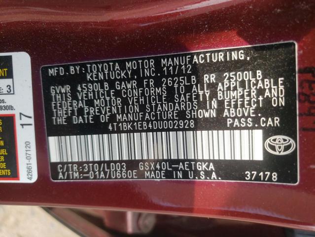 Photo 10 from auction – 2013 TOYOTA AVALON BAS with VIN 4T1BK1EB4DU002928