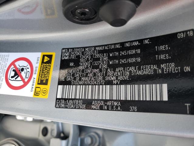 Photo 10 from auction – 2019 TOYOTA HIGHLANDER with VIN 5TDZARFH7KS042512