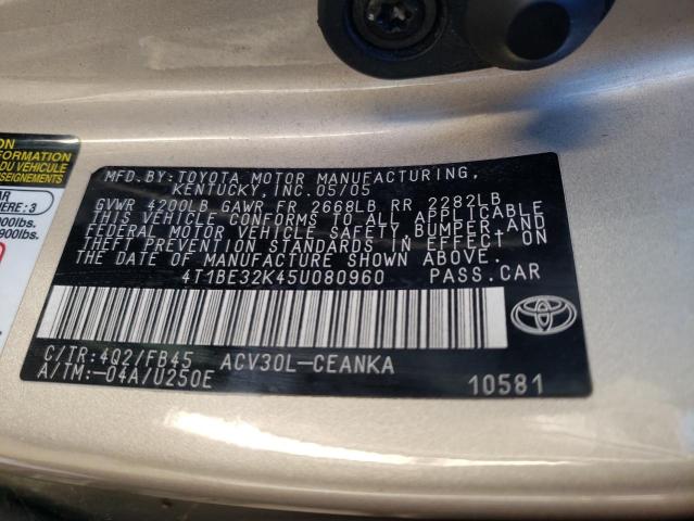 Photo 10 from auction – 2005 TOYOTA CAMRY LE with VIN 4T1BE32K45U080960