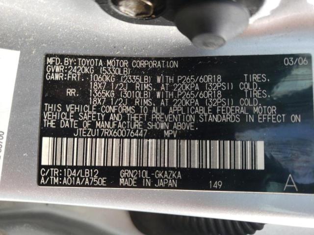 Photo 10 from auction – 2006 TOYOTA 4RUNNER LI with VIN JTEZU17RX60076447
