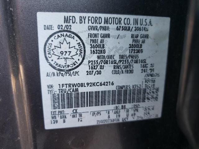 Photo 10 from auction – 2002 FORD F150 SUPER with VIN 1FTRW08L92KC64216