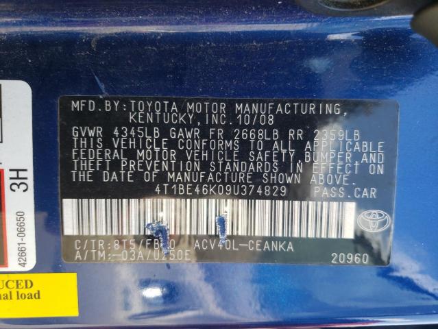 Photo 10 from auction – 2009 TOYOTA CAMRY BASE with VIN 4T1BE46K09U374829
