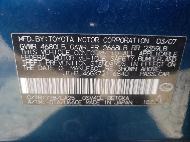 Photo 10 from auction – 2007 LEXUS ES 350 with VIN JTHBJ46GX72116840