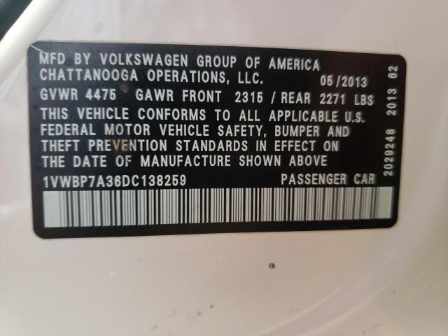 Photo 10 from auction – 2013 VOLKSWAGEN PASSAT SE with VIN 1VWBP7A36DC138259