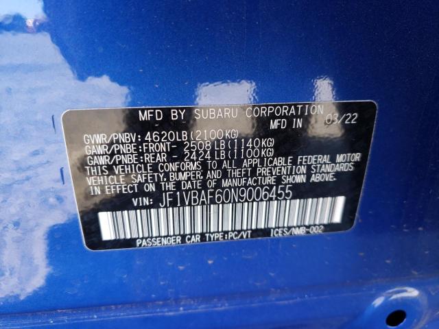 Photo 10 from auction – 2022 SUBARU WRX PREMIU with VIN JF1VBAF60N9006455
