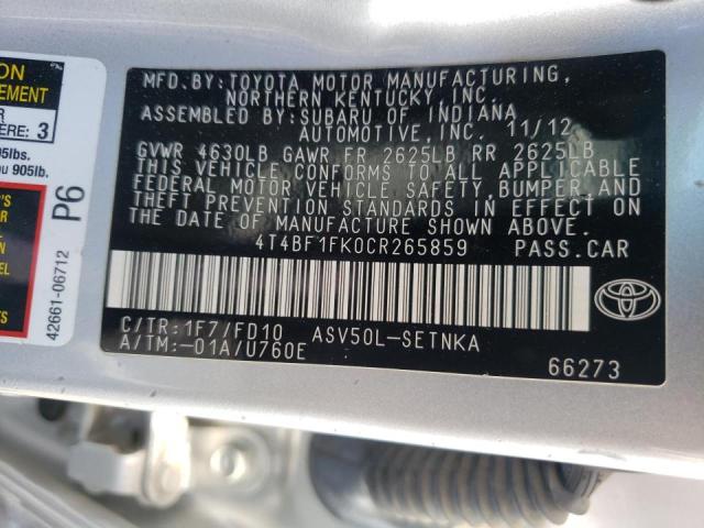 Photo 10 from auction – 2012 TOYOTA CAMRY BASE with VIN 4T4BF1FK0CR265859