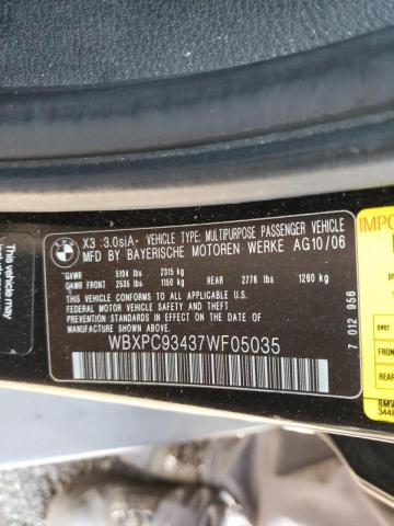 Photo 10 from auction – 2007 BMW X3 3.0SI with VIN WBXPC93437WF05035