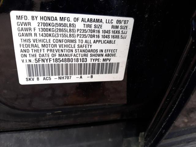 Photo 10 from auction – 2008 HONDA PILOT EXL with VIN 5FNYF18548B018103