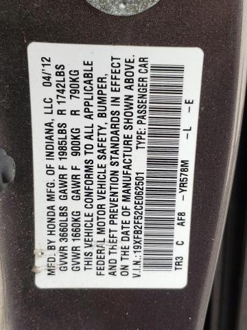 Photo 10 from auction – 2012 HONDA CIVIC LX with VIN 19XFB2F52CE062501