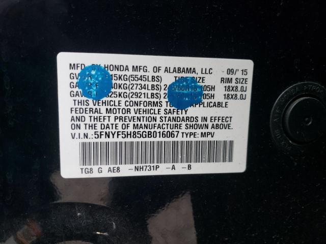 Photo 10 from auction – 2016 HONDA PILOT EXL with VIN 5FNYF5H85GB016067