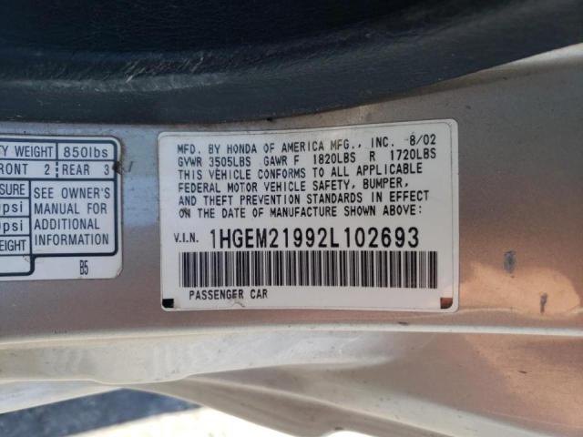 Photo 10 from auction – 2002 HONDA CIVIC EX with VIN 1HGEM21992L102693