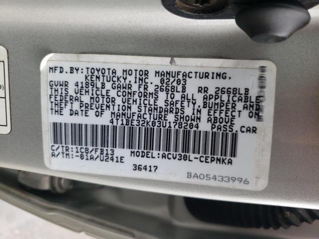 Photo 10 from auction – 2003 TOYOTA CAMRY LE with VIN 4T1BE32K03U178204