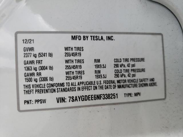 Photo 10 from auction – 2022 TESLA MODEL Y with VIN 7SAYGDEE6NF338251