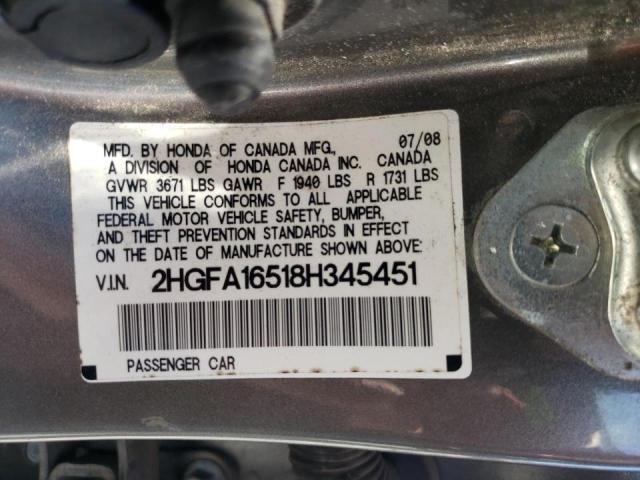 Photo 10 from auction – 2008 HONDA CIVIC LX with VIN 2HGFA16518H345451