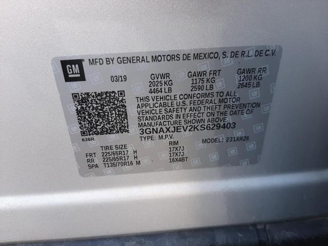 Photo 10 from auction – 2019 CHEVROLET EQUINOX LT with VIN 3GNAXJEV2KS629403