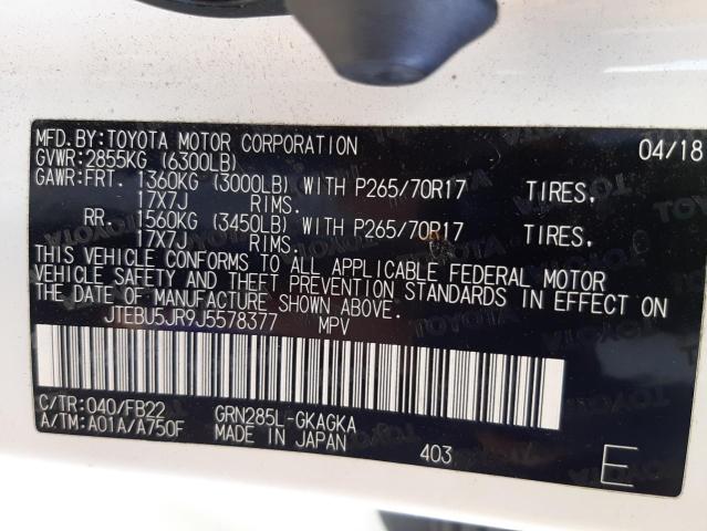 Photo 10 from auction – 2018 TOYOTA 4RUNNER SR with VIN JTEBU5JR9J5578377