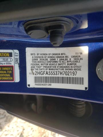 Photo 10 from auction – 2007 HONDA CIVIC SI with VIN 2HGFA55537H702197