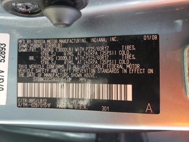 Photo 10 from auction – 2008 TOYOTA SIENNA XLE with VIN 5TDBK22C58S015432