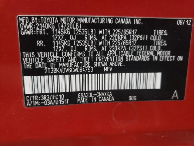 Photo 10 from auction – 2012 TOYOTA RAV4 with VIN 2T3BK4DV6CW084793