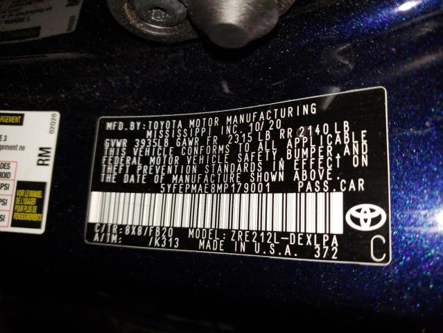 Photo 10 from auction – 2021 TOYOTA COROLLA LE with VIN 5YFEPMAE8MP179001