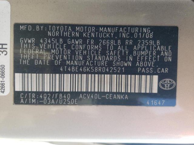 Photo 10 from auction – 2008 TOYOTA CAMRY CE with VIN 4T4BE46K58R042521