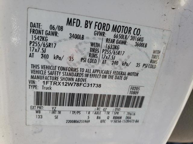 Photo 10 from auction – 2008 FORD F150 with VIN 1FTRX12W78FC31738