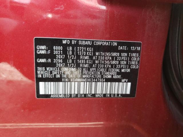 Photo 10 from auction – 2019 SUBARU ASCENT LIM with VIN 4S4WMAMDXK3447904