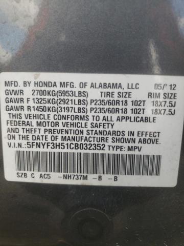 Foto 10 de la subasta – 2012 HONDA PILOT EXL con VIN 5FNYF3H51CB032352