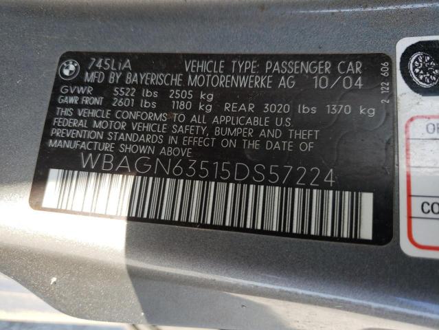 Photo 10 from auction – 2005 BMW 745 LI with VIN WBAGN63515DS57224