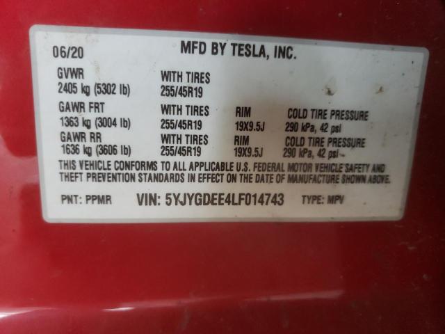 Photo 10 from auction – 2020 TESLA MODEL Y with VIN 5YJYGDEE4LF014743