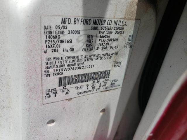 Photo 10 from auction – 2003 FORD F150 SUPER with VIN 1FTRW07633KD52241