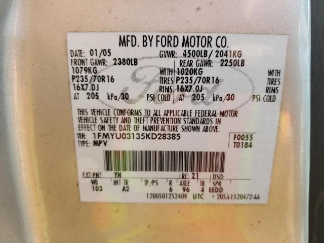 Photo 10 from auction – 2005 FORD ESCAPE XLT with VIN 1FMYU03135KD28385